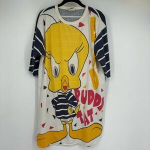 Vintage 90s Tweety Bird Pajama Dress Looney Tunes Nightgown Striped Retro Y2K